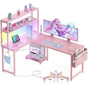 53 Inch L Shaped Desk with LED Lighting, Reversible Gaming Desk with Power Outlets, Cornor Computer Table with Storage Shelves & Bag & Iron Hook, Home Office Table for Writing, Study, Pink 53 Inch L Shaped Desk with LED Lighting, Reversible Gaming Desk with Power Outlets, Cornor Computer Table with Storage Shelves & Bag & Iron Hook, Home Office Table for Writing, Study, Pink