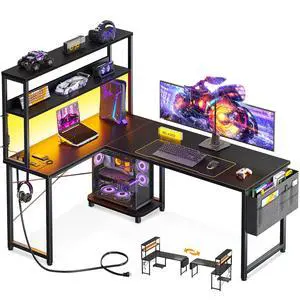 53 Inch L Shaped Gaming Desk with LED Lighting, Reversible Desk with Power Outlets, Cornor Computer Table with Storage Shelves & Bag & Iron Hook, Home Office Table for Writing, Study, Black 53 Inch L Shaped Gaming Desk with LED Lighting, Reversible Desk with Power Outlets, Cornor Computer Table with Storage Shelves & Bag & Iron Hook, Home Office Table for Writing, Study, Black