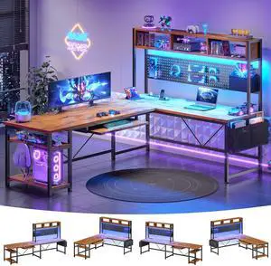 L Shaped Computer Desk, Reversible Corner Desk with Power Outlet and Pegboard, Computer Desk with Led Lights, Keyboard Tray, Headphone Hook and Storage Shelves, Rustic Brown L Shaped Computer Desk, Reversible Corner Desk with Power Outlet and Pegboard, Computer Desk with Led Lights, Keyboard Tray, Headphone Hook and Storage Shelves, Rustic Brown