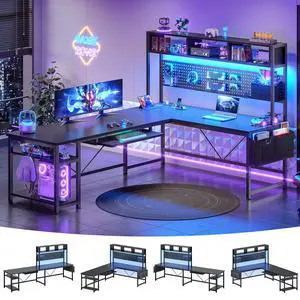 L Shaped Gaming Desk, Reversible Computer Desk with Power Outlet and Pegboard, Gaming Desk with Led Lights, Keyboard Tray and Storage Bag for Home Office, Black L Shaped Gaming Desk, Reversible Computer Desk with Power Outlet and Pegboard, Gaming Desk with Led Lights, Keyboard Tray and Storage Bag for Home Office, Black