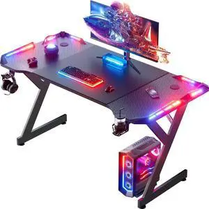 47 Inch Gaming Desk with LED Lights, Ergonomic Computer Gaming Table with Carbon Fibre Surface, Sturdy PC Workstation Desk for Home Office with Headphone Hook, Cup Holder, Black 47 Inch Gaming Desk with LED Lights, Ergonomic Computer Gaming Table with Carbon Fibre Surface, Sturdy PC Workstation Desk for Home Office with Headphone Hook, Cup Holder, Black