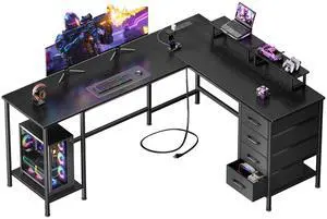 59 inch L Shaped Computer Desk with Power Outlets, Home Office Desk with 4 Adjustable Storage Drawers & 2 Monitor Stands, Two Person Gaming Table for Bedroom, Black 59 inch L Shaped Computer Desk with Power Outlets, Home Office Desk with 4 Adjustable Storage Drawers & 2 Monitor Stands, Two Person Gaming Table for Bedroom, Black