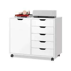 5-Drawer Wood Drawer Cabinet, Office Storage Cabinet with Adjustable Shelf & Wheels, Printer Stand for Home Office, White 5-Drawer Wood Drawer Cabinet, Office Storage Cabinet with Adjustable Shelf & Wheels, Printer Stand for Home Office, White