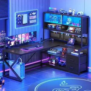 L Shaped Gaming Desk, Home Office Computer Desk with 2 Drawer and Bookshelf, L Shaped Gaming Desk with LED Light, Glass Cabinet and Storage Bag, Corner Desk with Storage Shelves, Black L Shaped Gaming Desk, Home Office Computer Desk with 2 Drawer and Bookshelf, L Shaped Gaming Desk with LED Light, Glass Cabinet and Storage Bag, Corner Desk with Storage Shelves, Black