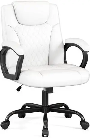 Office Chair, Executive Desk Chair, PU Leather Comfortable Ergonomic Chairs with Fixed Armrest, Adjustable Height, Rocking Function, 360° Swivel Wheels, White Office Chair, Executive Desk Chair, PU Leather Comfortable Ergonomic Chairs with Fixed Armrest, Adjustable Height, Rocking Function, 360° Swivel Wheels, White
