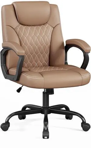 Office Chair, Executive Desk Chair, PU Leather Comfortable Ergonomic Chairs with Fixed Armrest, Adjustable Height, Rocking Function, 360° Swivel Wheels, Brown Office Chair, Executive Desk Chair, PU Leather Comfortable Ergonomic Chairs with Fixed Armrest, Adjustable Height, Rocking Function, 360° Swivel Wheels, Brown