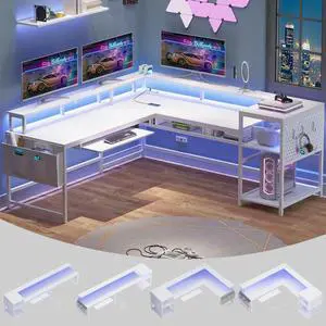 L Shaped Gaming Desk, Reversible Computer Desk, Gaming Desk with Power Outlets & LED Strip, Monitor Shelf, Keyboard Tray, Pegboard and Storage Shelves for Home Office, White L Shaped Gaming Desk, Reversible Computer Desk, Gaming Desk with Power Outlets & LED Strip, Monitor Shelf, Keyboard Tray, Pegboard and Storage Shelves for Home Office, White