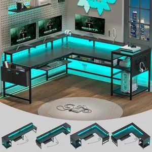L Shaped Gaming Desk, Reversible Computer Desk, Gaming Desk with Power Outlets & LED Strip, Monitor Shelf, Keyboard Tray, Pegboard and Storage Shelves for Home Office, Black L Shaped Gaming Desk, Reversible Computer Desk, Gaming Desk with Power Outlets & LED Strip, Monitor Shelf, Keyboard Tray, Pegboard and Storage Shelves for Home Office, Black