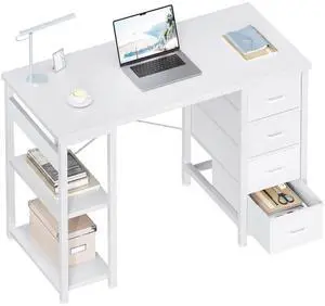 40 Inch Small White Computer Desk with 4 Fabric Drawers, Modern Office Desk for Home Office Gaming with Storage Shelves Study, White 40 Inch Small White Computer Desk with 4 Fabric Drawers, Modern Office Desk for Home Office Gaming with Storage Shelves Study, White