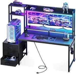 55 Inch Gaming Desk with Hutch & 3 Fabric Drawers, Computer Desk with USB Ports & LED Lights, Reversible Pc Gamer Table with Monitor Stand for Home Office, Carbon Fiber Black 55 Inch Gaming Desk with Hutch & 3 Fabric Drawers, Computer Desk with USB Ports & LED Lights, Reversible Pc Gamer Table with Monitor Stand for Home Office, Carbon Fiber Black
