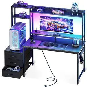 48 Inch Gaming Desk with Hutch & 3 Fabric Drawers, Computer Desk with USB Ports & LED Lights, Reversible Pc Gamer Table with Monitor Stand for Home Office, Carbon Fiber Black 48 Inch Gaming Desk with Hutch & 3 Fabric Drawers, Computer Desk with USB Ports & LED Lights, Reversible Pc Gamer Table with Monitor Stand for Home Office, Carbon Fiber Black