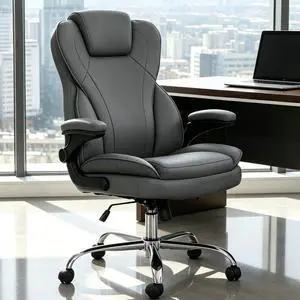 Office Desk Chair, Executive Leather Office Chair, High Back Ergonomic Home Desk Chair with Padded Flip-up Arms, Big and Tall Computer Chair with Rocking Function, 360°Swivel Free, Gray Office Desk Chair, Executive Leather Office Chair, High Back Ergonomic Home Desk Chair with Padded Flip-up Arms, Big and Tall Computer Chair with Rocking Function, 360°Swivel Free, Gray