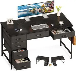 Computer Desk with 6 Drawers, 48 Inch Office Desk with Storage, Reversible Desk with Headphone Hook for Home Office, Work Study Table for Bedroom, Black Computer Desk with 6 Drawers, 48 Inch Office Desk with Storage, Reversible Desk with Headphone Hook for Home Office, Work Study Table for Bedroom, Black