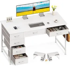 Computer Desk with 6 Drawers, 48 Inch Office Desk with Storage, Reversible Desk with Headphone Hook for Home Office, Work Study Table Vanity for Bedroom, White Computer Desk with 6 Drawers, 48 Inch Office Desk with Storage, Reversible Desk with Headphone Hook for Home Office, Work Study Table Vanity for Bedroom, White