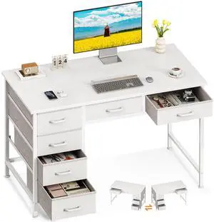 Computer Desk with 6 Drawers, 40 Inch Small Desk with Storage, Reversible Desk for Home Office, Work Study Table for Bedroom, White Computer Desk with 6 Drawers, 40 Inch Small Desk with Storage, Reversible Desk for Home Office, Work Study Table for Bedroom, White