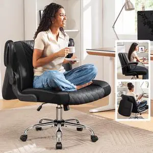 Criss Cross Office Chair with 2-in-1 Flip Backrest Ergonomic PU Leather Floor Sitting Chair, Adjustable Height, 360° Swivel & Flip-Up Arms, Extra-Wide Seat for Home Office, Vanity, Nail Salon-Black Criss Cross Office Chair with 2-in-1 Flip Backrest Ergonomic PU Leather Floor Sitting Chair, Adjustable Height, 360° Swivel & Flip-Up Arms, Extra-Wide Seat for Home Office, Vanity, Nail Salon-Black