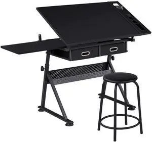 Drafting Table for Artists, Height Adjustable Drawing Desk Art/Craft Desk Diamond Paintings Work Station w/ 2 Storage Drawers and Stool for Home Office School, Black Drafting Table for Artists, Height Adjustable Drawing Desk Art/Craft Desk Diamond Paintings Work Station w/ 2 Storage Drawers and Stool for Home Office School, Black