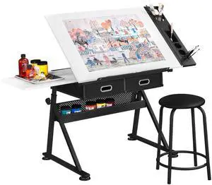 Height Adjustable White Art Desk for Adults, Tilting Tabletop Drafting Drawing Table with Extra Large Desktop and Drawers, Foldable Stand up Craft Painting Table and Chair Set with Stools Height Adjustable White Art Desk for Adults, Tilting Tabletop Drafting Drawing Table with Extra Large Desktop and Drawers, Foldable Stand up Craft Painting Table and Chair Set with Stools