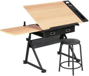 Height Adjustable Drafting Table Drawing Table Artist Desk Tilting Tabletop Art Craft Desk Watercolor Paintings Sketching Work Station w/2 Storage Drawers and Stool for Home Office Height Adjustable Drafting Table Drawing Table Artist Desk Tilting Tabletop Art Craft Desk Watercolor Paintings Sketching Work Station w/2 Storage Drawers and Stool for Home Office