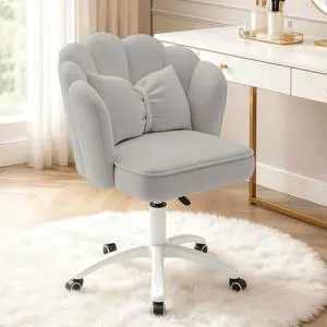 Vanity Chair with Wheels Velvet Petal Desk Chair Upholstered Tufted Home Office Chair for Women Girls, Height Adjustable Makeup Task Chair for Bedroom Living Room, Grey Vanity Chair with Wheels Velvet Petal Desk Chair Upholstered Tufted Home Office Chair for Women Girls, Height Adjustable Makeup Task Chair for Bedroom Living Room, Grey