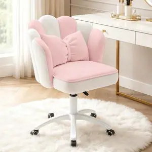Vanity Chair with Wheels Velvet Petal Desk Chair Upholstered Tufted Home Office Chair for Women Girls, Height Adjustable Makeup Task Chair for Bedroom Living Room, Pink White Vanity Chair with Wheels Velvet Petal Desk Chair Upholstered Tufted Home Office Chair for Women Girls, Height Adjustable Makeup Task Chair for Bedroom Living Room, Pink White