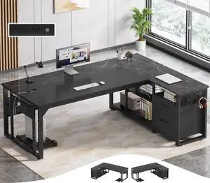 71 in Executive Desk with Power Outlets, Reversible L Shaped Desk with File Drawers & Storage Shelves, Large Office Desk Computer Desk with Pegboard, Mobile CPU Stand, Modern Corner Desk (Black) 71 in Executive Desk with Power Outlets, Reversible L Shaped Desk with File Drawers & Storage Shelves, Large Office Desk Computer Desk with Pegboard, Mobile CPU Stand, Modern Corner Desk (Black)