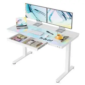 Glass Standing Desk with Drawers, 48 X 24 Inch Electric Adjustable Height Desk, Quick Install One-Piece Tabletop with USB Charging Ports, White Glass Standing Desk with Drawers, 48 X 24 Inch Electric Adjustable Height Desk, Quick Install One-Piece Tabletop with USB Charging Ports, White