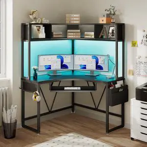 Corner Desk, 39" W x 62" H Small Office Desk with Hutch & LED Lights, Triangle Gaming Computer Desk with Keyboard Tray, Storage Bag, and Headphone Hook for Small Space, Black Corner Desk, 39" W x 62" H Small Office Desk with Hutch & LED Lights, Triangle Gaming Computer Desk with Keyboard Tray, Storage Bag, and Headphone Hook for Small Space, Black