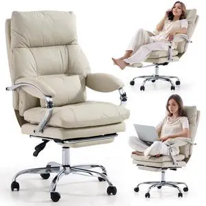 Office Chair with Foot Rest, Ergonomic Executive Office Chair with Arms, Reclining High Back PU Leather Comfy Swivel Computer Desk Chairs with Wheels and Lumbar Support for Home Office, Cream Office Chair with Foot Rest, Ergonomic Executive Office Chair with Arms, Reclining High Back PU Leather Comfy Swivel Computer Desk Chairs with Wheels and Lumbar Support for Home Office, Cream