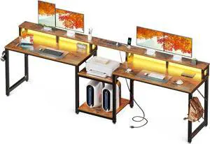 98 Inch 2 Person Gaming Desk with Storage Shelves, Long Double Home Office Computer Writing Desks with USB Charging Port & LED Lights, Monitor Stand, Modern Study/Work Table,Vintage 98 Inch 2 Person Gaming Desk with Storage Shelves, Long Double Home Office Computer Writing Desks with USB Charging Port & LED Lights, Monitor Stand, Modern Study/Work Table,Vintage