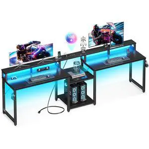 98 Inch 2 Person Gaming Desk with Storage Shelves, Long Double Home Office Computer Writing Desks with USB Charging Port & LED Lights, Monitor Stand, Modern Study/Work Table,Black 98 Inch 2 Person Gaming Desk with Storage Shelves, Long Double Home Office Computer Writing Desks with USB Charging Port & LED Lights, Monitor Stand, Modern Study/Work Table,Black