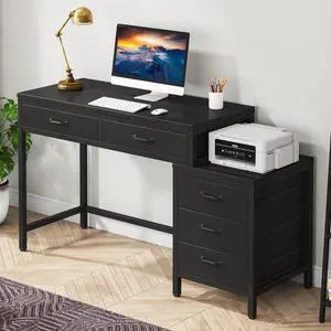 Computer Desk with 5 Drawers, Home Office Desks with Reversible Drawer Cabinet Printer Stand, Industrial PC Desk with Storage, Rustic Study Writing Table Workstation for Small Spaces, Black Computer Desk with 5 Drawers, Home Office Desks with Reversible Drawer Cabinet Printer Stand, Industrial PC Desk with Storage, Rustic Study Writing Table Workstation for Small Spaces, Black