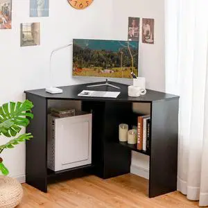 Corner Desk, 90 Degrees Triangle Computer Desk for Small Space, Bedroom Corner Makeup Vanity Desk with Storage Shelves & CPU Stand Corner Desk, 90 Degrees Triangle Computer Desk for Small Space, Bedroom Corner Makeup Vanity Desk with Storage Shelves & CPU Stand