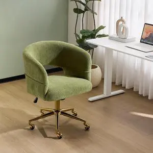 Modern Curved Office & Vanity Desk Chair, Cute Upholstered Nail Chair with Wheels & 360° Swivel & Club & Tilting & Gold Base, for Bedroom, Living Room, Makeup, Velvet Chenille, Green Modern Curved Office & Vanity Desk Chair, Cute Upholstered Nail Chair with Wheels & 360° Swivel & Club & Tilting & Gold Base, for Bedroom, Living Room, Makeup, Velvet Chenille, Green
