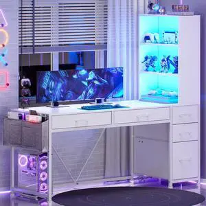 Computer Desk with 5 Drawers and Bookshelf, Reversible Home Office Desk with Storage Shelves and File Drawer, Gaming Desk with LED Lights for Small Spaces, White Computer Desk with 5 Drawers and Bookshelf, Reversible Home Office Desk with Storage Shelves and File Drawer, Gaming Desk with LED Lights for Small Spaces, White