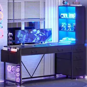 Computer Gaming Desk with 5 Drawers and Bookshelf, Reversible Home Office Desk with Storage Shelves and File Drawer, Corner Desk with LED Lights for Small Spaces, Black Computer Gaming Desk with 5 Drawers and Bookshelf, Reversible Home Office Desk with Storage Shelves and File Drawer, Corner Desk with LED Lights for Small Spaces, Black