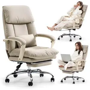 Office Chair with Foot Rest Executive Office Chair, PU Leather, Beige | Ergonomic Reclining Office Chair High Back Comfy Swivel Computer Desk Chairs with Wheels and Lumbar Support for Home Office Office Chair with Foot Rest Executive Office Chair, PU Leather, Beige | Ergonomic Reclining Office Chair High Back Comfy Swivel Computer Desk Chairs with Wheels and Lumbar Support for Home Office