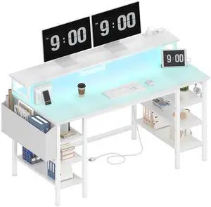 White Desk with Storage Shelves - 47 inch Home Office Gaming Desk with Monitor Stand, Computer Desk with LED Lights and Power Outlets, White White Desk with Storage Shelves - 47 inch Home Office Gaming Desk with Monitor Stand, Computer Desk with LED Lights and Power Outlets, White