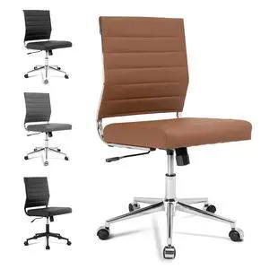 Brown Armless Office Desk Chair, Mid Back Ergonomic Swivel Conference Room Chairs, Adjustable Height PU Leather Home Desk Chair, Modern Small Rolling Computer Task Chair Brown Armless Office Desk Chair, Mid Back Ergonomic Swivel Conference Room Chairs, Adjustable Height PU Leather Home Desk Chair, Modern Small Rolling Computer Task Chair