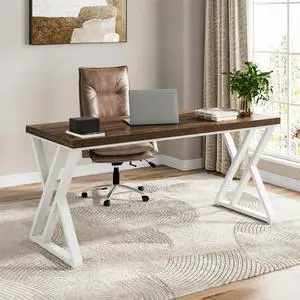 Modern Walnut/White 55" Heavy Duty Computer Desk, Study & Work Desk, 23.6"D x 55.1"W x 29.5"H, Z-Shaped Metal Legs, 330 lbs Capacity Modern Walnut/White 55" Heavy Duty Computer Desk, Study & Work Desk, 23.6"D x 55.1"W x 29.5"H, Z-Shaped Metal Legs, 330 lbs Capacity