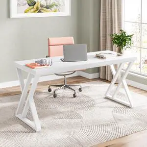 Writing Computer Desk, 55 inch Heavy Duty Study Desk with Z-Shaped Metal Leg, Modern Simple Home Office Computer Desk, White Writing Computer Desk, 55 inch Heavy Duty Study Desk with Z-Shaped Metal Leg, Modern Simple Home Office Computer Desk, White