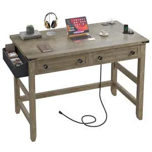 Small Desk for Bedroom, Computer Desk with Power Outlets for Home Office, Desks with Drawers and a Side Pocket,Vanity Desks for Bedroom, Dark Rustic Oak Small Desk for Bedroom, Computer Desk with Power Outlets for Home Office, Desks with Drawers and a Side Pocket,Vanity Desks for Bedroom, Dark Rustic Oak