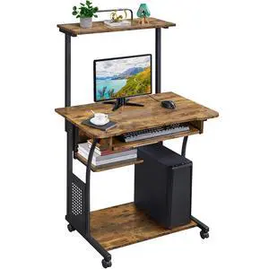 3 Tiers Rolling Computer Desk with Keyboard Tray and Printer Shelf for Home Office, Mobile Computer Desk for Small Space, Retro Computer Table Compact PC Laptop Workstation, Rustic Brown 3 Tiers Rolling Computer Desk with Keyboard Tray and Printer Shelf for Home Office, Mobile Computer Desk for Small Space, Retro Computer Table Compact PC Laptop Workstation, Rustic Brown