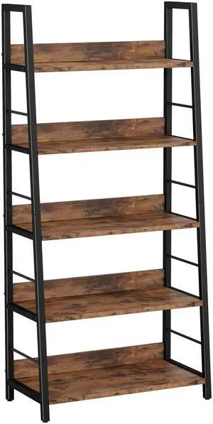 5 Tier Ladder Bookcase with Metal Frame Rustic Brown | Bookshelves and Bookcases,open display shelves; metal frame; shelf baffles; home office 5 Tier Ladder Bookcase with Metal Frame Rustic Brown | Bookshelves and Bookcases,open display shelves; metal frame; shelf baffles; home office