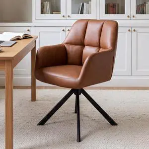 Comfy Leather Desk Chair Modern Computer Task Chair no Wheels Swivel Accent Chair with Mid Back Arm Chair for Living Room/Bedroom/Home Office, PU Brown Comfy Leather Desk Chair Modern Computer Task Chair no Wheels Swivel Accent Chair with Mid Back Arm Chair for Living Room/Bedroom/Home Office, PU Brown