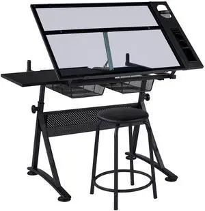 Drafting Table w/Stool Height Adjustable Multifunctional Art Craft Artists Desk Tilting Glass Tabletop Diamond Paintings Work Station w/2 Storage Drawers for Home Office Drafting Table w/Stool Height Adjustable Multifunctional Art Craft Artists Desk Tilting Glass Tabletop Diamond Paintings Work Station w/2 Storage Drawers for Home Office