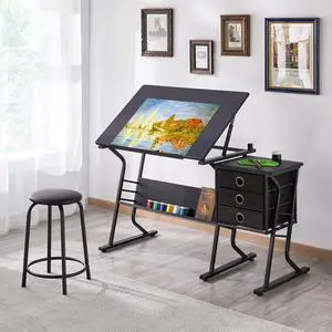 Drafting Table for Adults/Artists, Drawing Desk, Tabletop Adjustable Art/Craft Desk with Stool and 3 Slide Drawers, Sketching Painting Artwork Station for Art Studio Home Office School Drafting Table for Adults/Artists, Drawing Desk, Tabletop Adjustable Art/Craft Desk with Stool and 3 Slide Drawers, Sketching Painting Artwork Station for Art Studio Home Office School