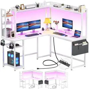 L Shaped Desk with Power Outlet, L Shaped Gaming Desk with Led Light & Hutch, Reversible Home Office Desk, Corner Computer Desk Writing Desk with Monitor Stand & Storage Shelves, White L Shaped Desk with Power Outlet, L Shaped Gaming Desk with Led Light & Hutch, Reversible Home Office Desk, Corner Computer Desk Writing Desk with Monitor Stand & Storage Shelves, White