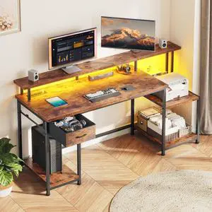 Computer Desk with 55" Long Monitor Stand and 18" Ample Printer Space, Home Office Desk With RGB Lights and 3 AC Power Outlets, Zoned Storage Drawer and File Shelves, Study Desk, Writing Desk, Brown Computer Desk with 55" Long Monitor Stand and 18" Ample Printer Space, Home Office Desk With RGB Lights and 3 AC Power Outlets, Zoned Storage Drawer and File Shelves, Study Desk, Writing Desk, Brown