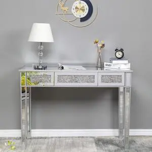 Mirrored Desk with 3 Drawers Silver Console Table Mirror Sofa Table with Crystal Inlay Front for Living Room, Entryway, Foyer, 42 Inch Mirrored Desk with 3 Drawers Silver Console Table Mirror Sofa Table with Crystal Inlay Front for Living Room, Entryway, Foyer, 42 Inch